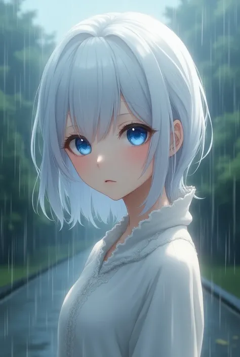 Anime Character White Hair Blue Eyes Fifteen Year Old Girl Rainy Day