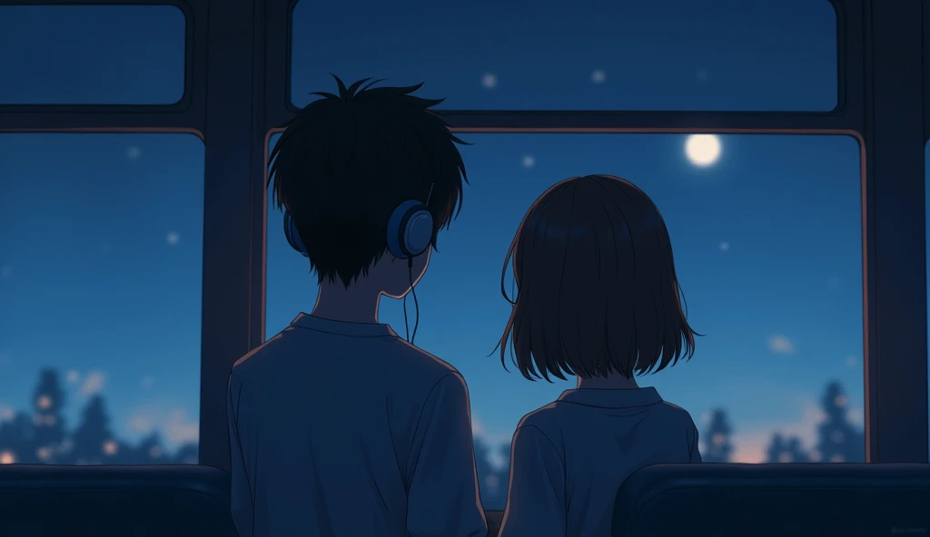 It was night , a girl and a boy sharing headphones listening to music on the bus, there was a new moon outside , only the boys were watching 。。Generate image, Anime style, were inspired by the song "" IU and Suga 。 The protagonist is standing with his back...