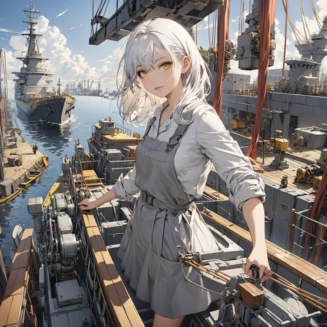 One girl, white hair, yellow eyes, gray work clothes, shipyard , detailed depiction of machinery, girl on a mechanical boat, small boat, setting sail from a factory, attractive angle,