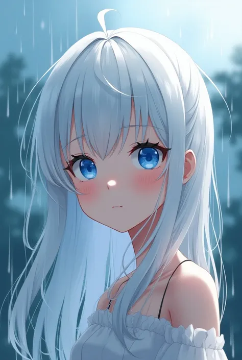 Japanese Anime White Hair Blue Eyes Fifteen Year Old Girl Rainy Day