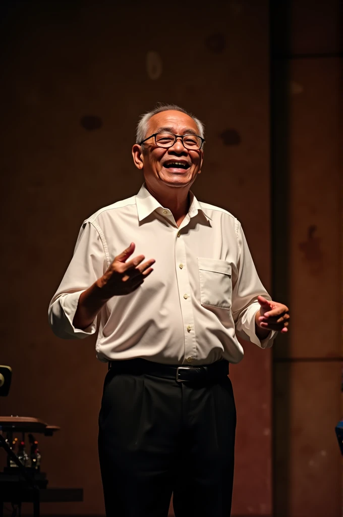 An old man is singing dangdut in a white shirt and black pants wearing glasses on the stage 