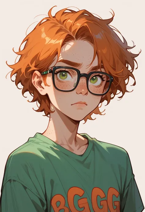 guy, long orange straight hair, green eyes, glasses, freckles, simple clothing