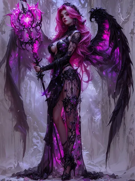 an elegantly beautiful woman with vibrant pink hair and large fluorescent purple wings, she is holding a sword, intricate gothic fantasy art, dark fantasy style art, villainess has black detailed angel type wings, darker fantasy art, beautiful succubus, vi...