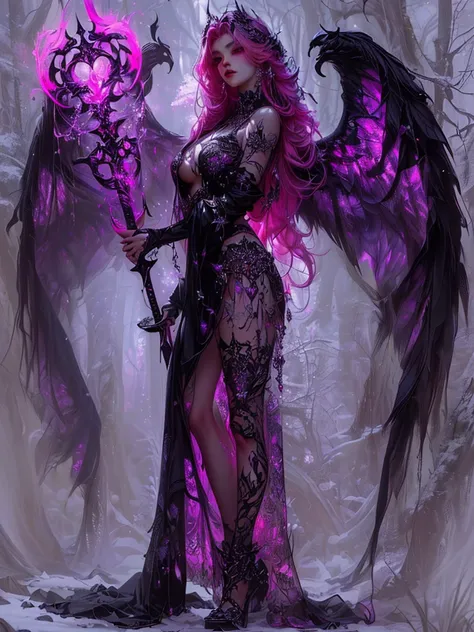 an elegantly beautiful woman with vibrant pink hair and large fluorescent purple wings, she is holding a sword, intricate gothic fantasy art, dark fantasy style art, villainess has black detailed angel type wings, darker fantasy art, beautiful succubus, vi...