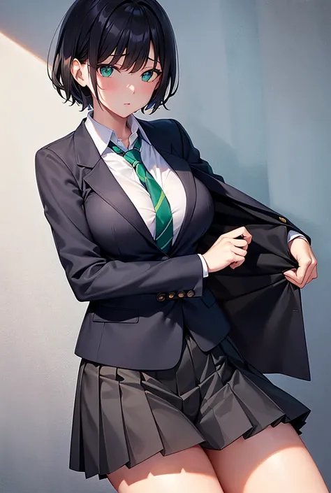 ｛ blazer and dark green tie          ｝,     cute short haired high school girl wearing blazer and dark green tie   , cute short-haired schoolgirl wearing a pleated skirt ,Panty shot,Cute short-haired schoolgirl with big breasts and erect nipples   , Cute B...