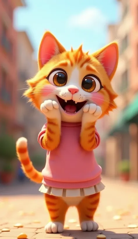 "Create a 3D animated scene featuring an adorable orange and white tabby cat with big, bright eyes and pink cheeks. The cat looks cheerful and playful, standing on its hind legs and raising its paws near its face in a cute gesture of excitement. wearing a ...