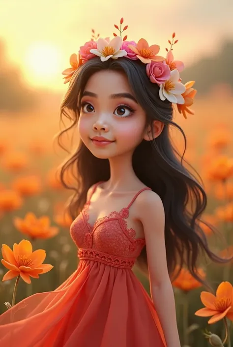 A cartoon 3D young Asian woman with long dark hair, wearing a flower crown of pastel flowers, dressed in a red dress with lace details, standing in a vibrant field of orange and yellow flowers at sunrise, creating a magical atmosphere.