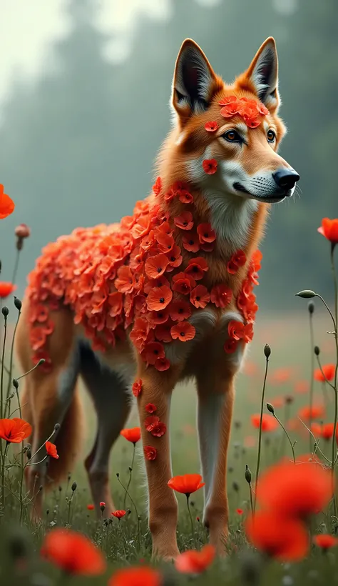 "Image is a digital artwork featuring a stylized, mythical wolfhound composed entirely of vibrant poppy flowers. The wolfhound stands in a poised, dynamic stance, with its body covered in intricately detailed red and orange poppy petals and delicate green ...