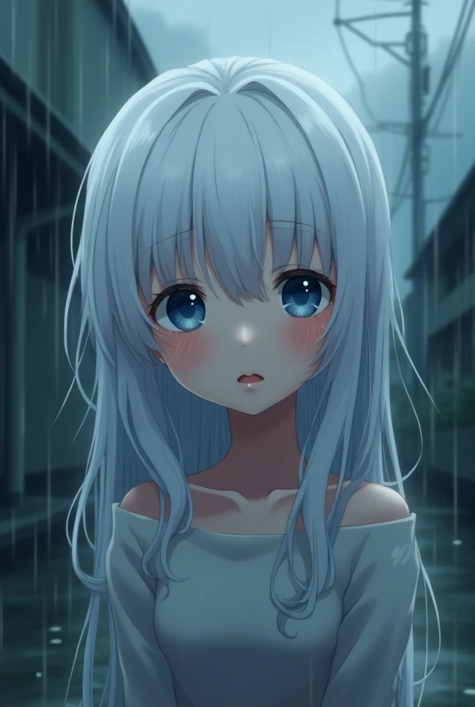 Japanese Anime White Hair Blue Eyes Fifteen Year Old Girl Crying Rainy Day 2d