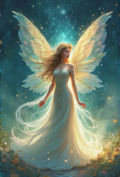 A graceful angel stands beneath a starry autumn night sky, her translucent wings shimmering in the moonlight. Surrounding her is a soft, misty glow, and the stars above twinkle like distant dreams.