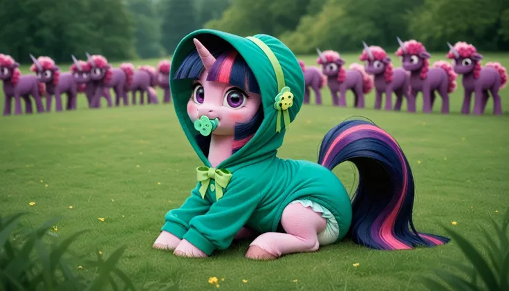 purple pony unicorn alone, purple wool , Twilight Sparkle, adult mare, dark blue with a purple strand and a pink strand of mane, gathered in a green bonnet, dark blue with purple streak and pink streak tail,  purple eyes , sitting outside on the grass, dre...