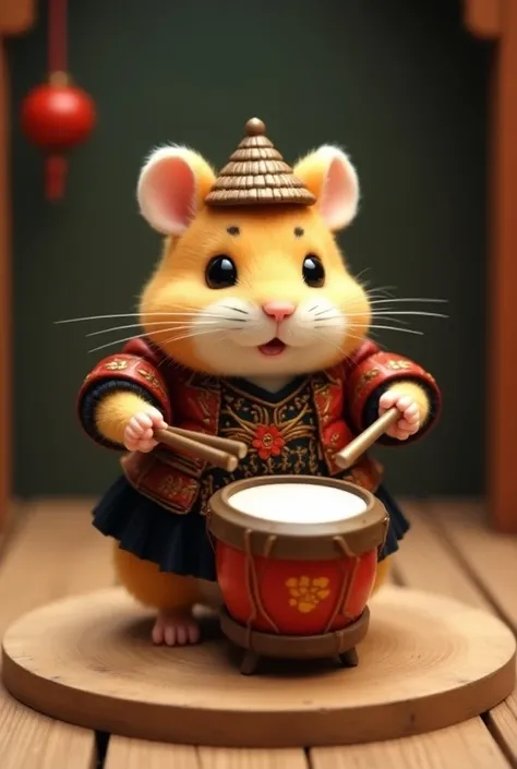 Golden brown  hamster toy
 with  big drum  and  small drum sticks holding in his both  hand at same time.
wearing  colorful  armour set and a black skirt and wearing conical bamboo crafted  hat.
 This hamster is standing on a circular wooden floor