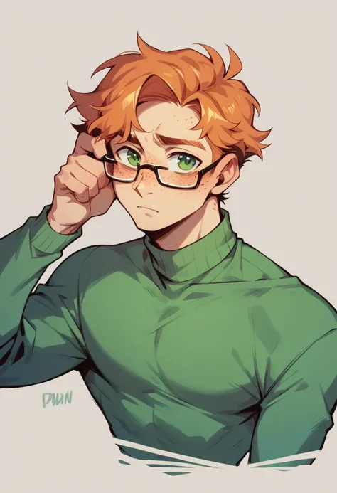 male, long orange straight hair, green eyes, glasses, freckles, simple clothing