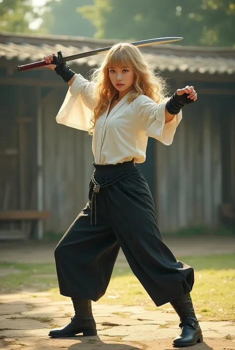 A young woman with long, blond, curly hair and straight bangs. She is wearing a loose white shirt, black pants and black boots. She is holding a sword and is practicing her swordsmanship at a training ground. 