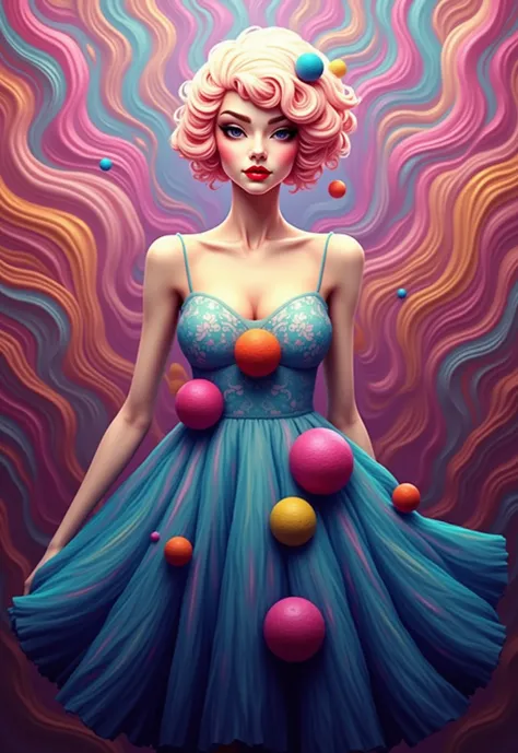 Image is a vibrant, surreal digital artwork featuring a female figure with a striking appearance. She has fair skin and a unique hairstyle with pastel pink curls, adorned with colorful spherical ornaments. Her facial features are sharp and defined, with bo...