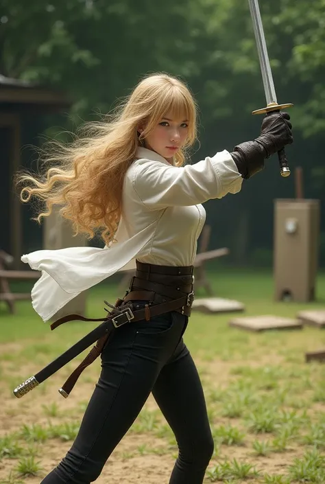 A young woman with long, blond, curly hair and straight bangs. She is wearing a loose white shirt, black pants and black boots. She holds a rapier in her hands and hones her sword skills at a training ground.