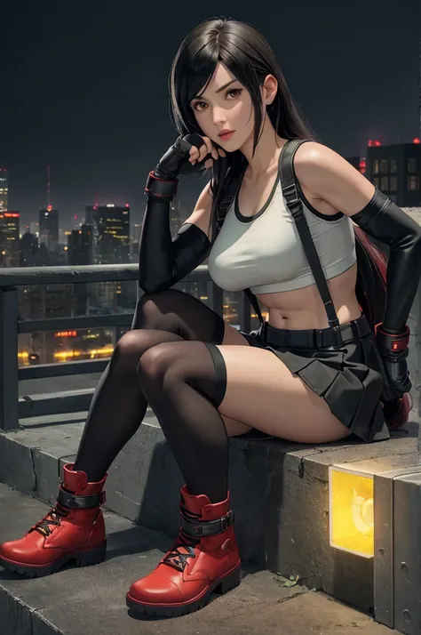 Tifa Lockhart, Final Fantasy VII Remake, Adult pTIFA,ankle boots, Black Hair, black skirt, black Knee socks, boots, Big Breasts, Cityscape, Crop top, elbow gloves, Elbow pads, fingerless gloves, whole body, gloves, Headrest, lips, Long Hair, View your view...