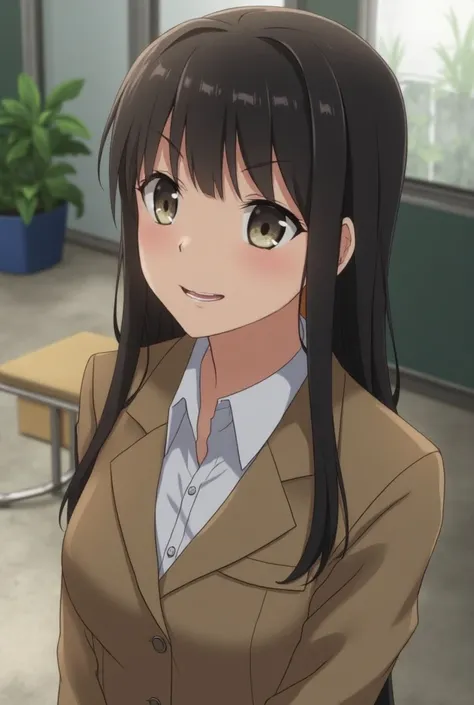 Japanese female junior high school student looking up, Bust Up, Alone,  mischievous smile,Talking,Open Mouth,  ((Droopy eyes)),  straight long hair ,Light brown blazer uniform, ((nude)),Classroom after school, (High angle shot:1.2), trimmed bangs,Asymmetri...