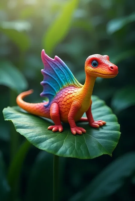 Colorful gradient rainbow dinosaur on a leaf,