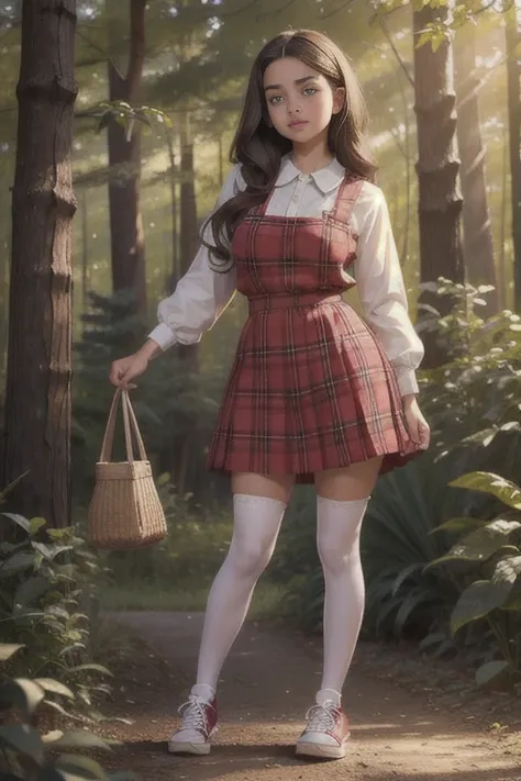    Cute young  beautiful curvy schoolgirl pioneer,  beautiful cute teen face , short plaid pleated  pinafore dress  ,  transparent white blouse , brunette long hair, beautiful eyes. stockings,  Sneakers, pioneer schoolgirl - standing in the wood ,   photor...