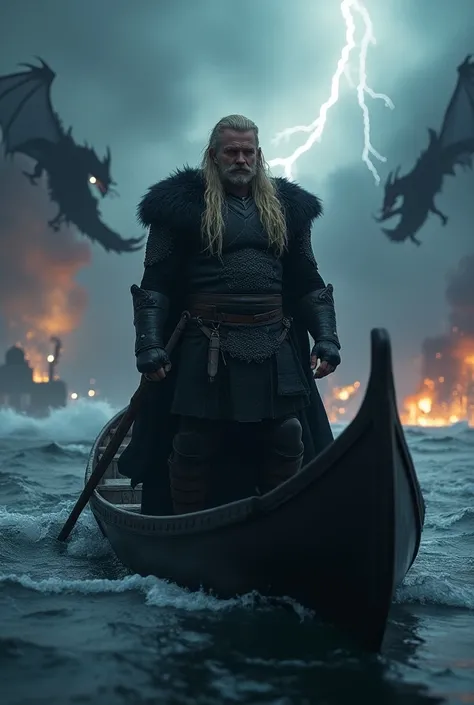 A viking warrior, blonde hair, dressed in black,standing in a black viking boat, extremely detailed, dragons in the air spitting fire, fantasy, lightening and thunder,cinematic lighting, dramatic, dark, moody, high contrast, epic, masterpiece, photorealist...