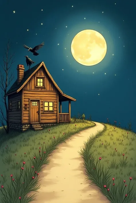 Generate me a image of a house with fullmoon night  where the road is out of house 
This should be in the way of sketch for small ren for their competition crow is flying above the house generate me a good sketch 