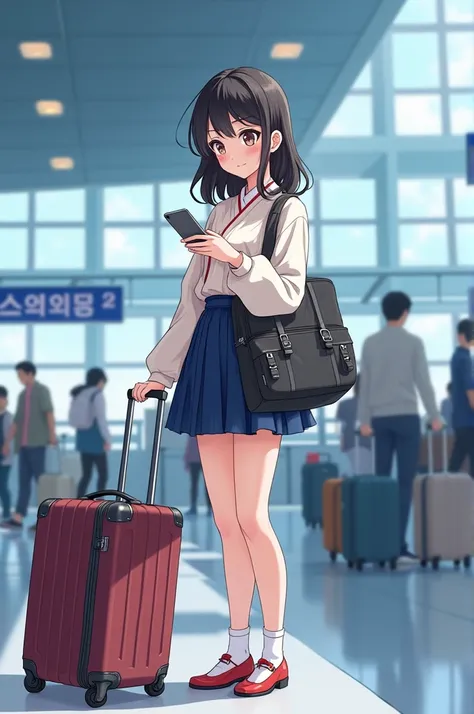 ChatGPT

You said:
In anime style make a girl holding her luggage with one hand and holding a phone in other hand and watching the phone the background is Korean airport