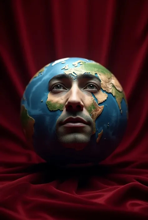 High-quality hyperrealistic 3D image of the globe with a human face on a dark red velvet background with diffused white studio light 