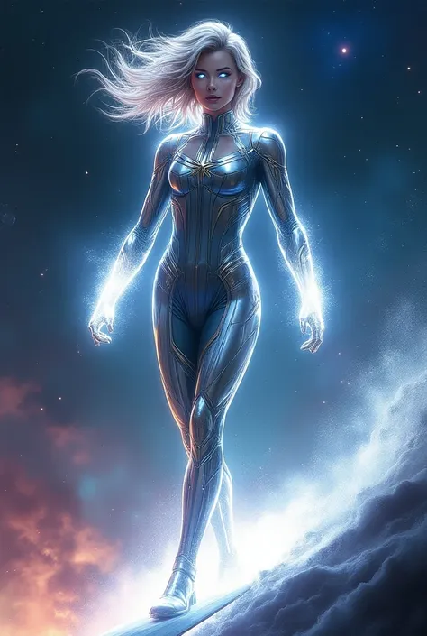 Here’s a detailed prompt for a Captain Marvel as Silver Surfer concept:

"Visualize Captain Marvel merged with the Silver Surfer. She wears a sleek, silver version of her iconic suit, her skin shining with the reflective metallic sheen of the Surfers form....