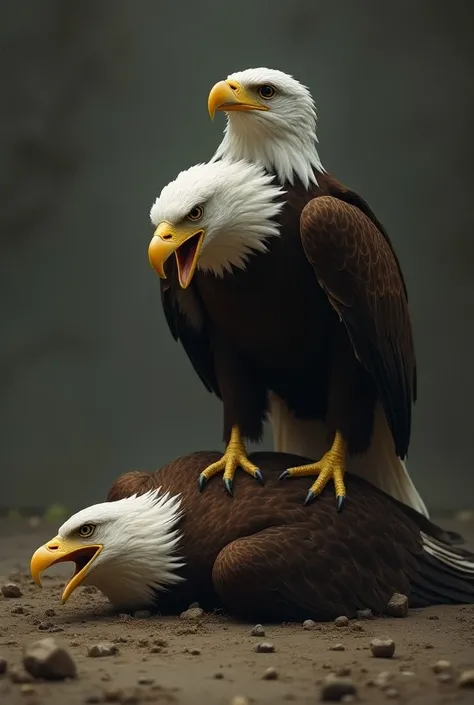 Create a portrait of a lifeless brown eagle sprawled helplessly on the ground, its beak wide open, beneath the powerful and satisfied feet of a white-headed eagle. The white-headed eagle should be depicted with a triumphant expression, showcasing its strik...