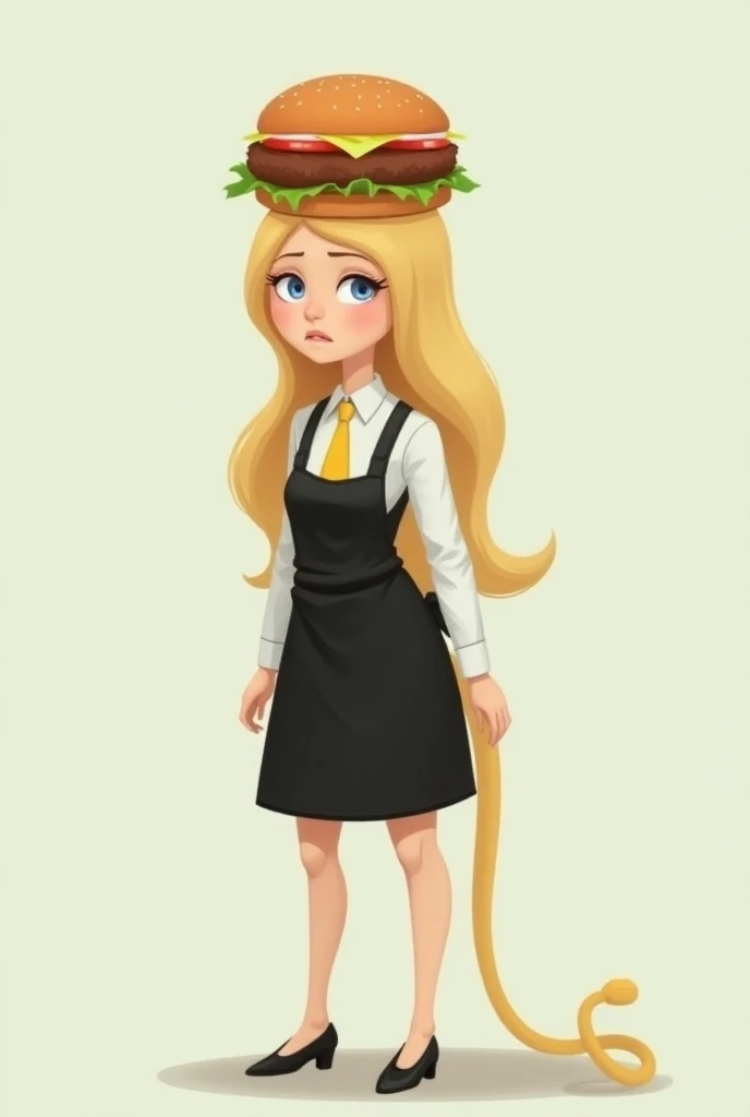 Blonde, female의 머리위에 올려진 햄버거, white shirt, Black apron , yellow tie , female, Long hair, Fart(Yellow), 1 woman, female Fart, 항문에서 Fart가 나옴, Shame