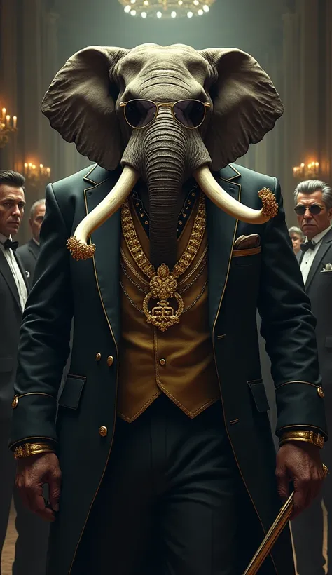 Create A Big Muscle Elephant Man Mafia Boss , Wearing Gold Chain, Gold Rings In Fingers,Stylish Glasses, Standing In Dark beautiful white room , Elephant Head Man , Highly Detailed Image , A cinematic, dramatic digital illustration depicting the Mafia Boss...