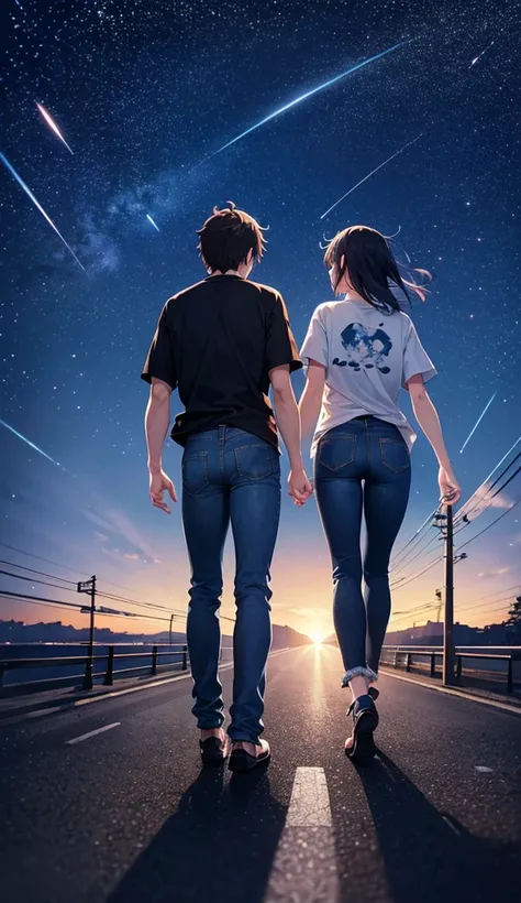  High Resolution , Night city, rear view of a man and woman walking side by side, anime, Japanese painting style, fantastic abstract painting, full body, starry sky, T-shirt, denim pants, Clear Air Shinkai Makoto anime style