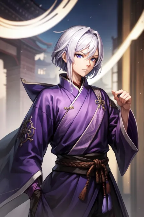 １People men, intence serious, purple Hanfu, short Hair, Purple hood, white Hair, light blue eye, Five fingers, An old Chinese castle in the background, cinematic lighting, cowboy shot, UHD, retina, masterpiece, accurate, anatomically correct, textured skin...