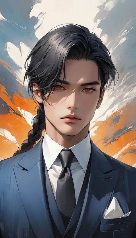 A close-up, semi-realistic anime-style view of a mature man, aged 28, with a perfectly symmetrical face. He has long, sleek black hair tied in a long single braid down his back, with loose strands softly framing his sharp, well-defined features. His skin i...