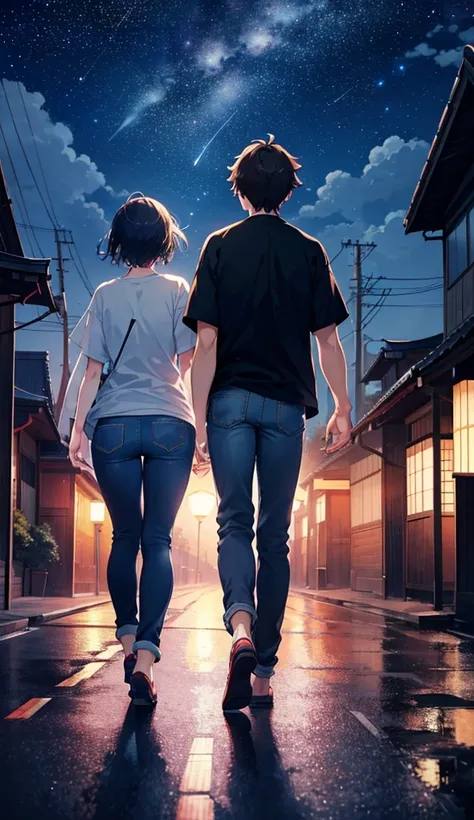  High Resolution , Night city, rear view of a man and woman walking side by side, anime, Japanese painting style, fantastic abstract painting, full body, starry sky, T-shirt, denim pants, Clear Air Shinkai Makoto anime style