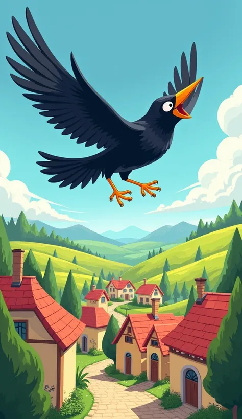 A crow flying happily in sky  village animation cartoon