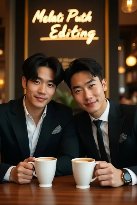 Photography profesional ada 2 laki laki  ganteng korea , sedang duduk dengan suguhan kopi hangat , di kafe yang design elegant dengan ada papan nama bertuliskan "MELATI PUTIH EDITING" . dengan sangat mewah. Ultrahd, realistis, harus detail , pandangan foku...