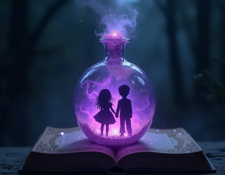 I want to creat a cover of a book ,where Like a potion bottle with a purple liquid in it and the shadows of a girl and a boy standing inside it,