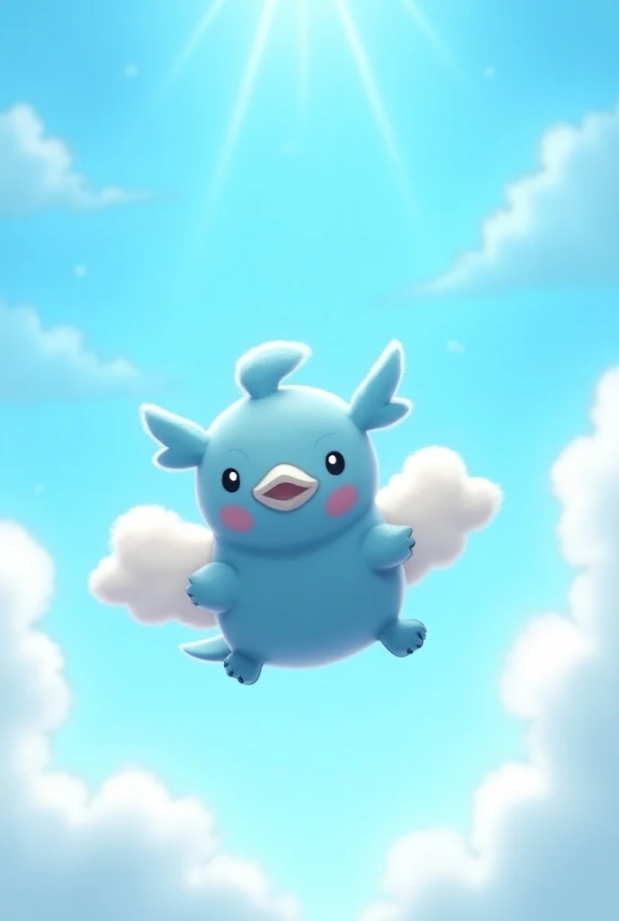  Wablu floats happily through a clear blue sky ,  surrounded by soft clouds .  His little wings are spread wide . } In the background, there are bright rays of sunshine ,  that break through the clouds . Wablu is a small ,  sky blue and round Pokémon with ...