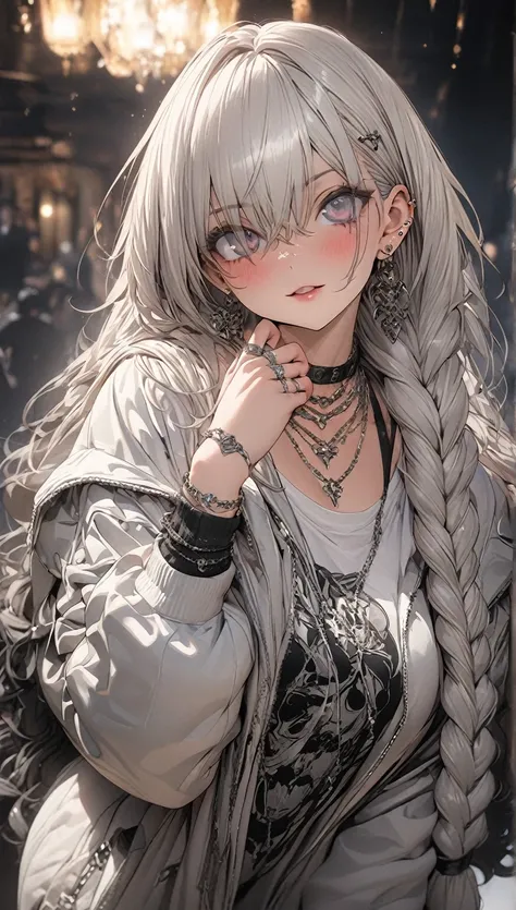 ((masterpiece)), ((  best quality)),  (Anime:1.3),(Super detailed:1.2), (  High Resolution  :1.3), (   professional photography :1.4),,  huge braids ,   hoodie,  vintage gothic, Pose, cute,  look up with the naked eye , high quality, necklace, ring, bracel...