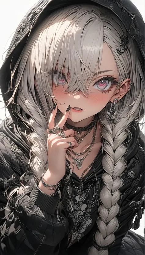 ((masterpiece)), ((  best quality)),  (Anime:1.3),(Super detailed:1.2), (  High Resolution  :1.3), (   professional photography :1.4),,  huge braids ,   hoodie,  vintage gothic, Pose, cute,  look up with the naked eye , high quality, necklace, ring, bracel...