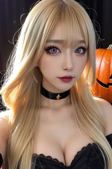 High resolution, High detail, Best Quality, beautiful lady,large breasts,Japanese girl,colour contact Eyes,
halloween cosplay,
1girl,Gal Makeup,22years old,blonde long hair,Choker,full body, 