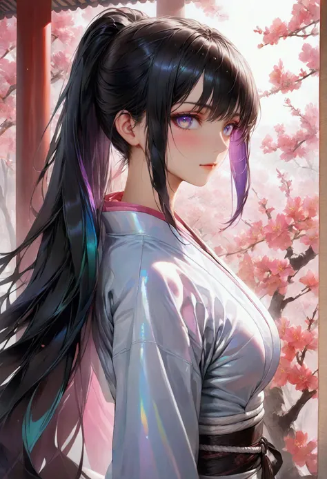 Long smooth straight black hair, ((inner dark iridescent hair)) , iridescent eyes,hourglass body figure, standing in karate gi. masterpiece, super detail,detailed eyes, best quality, 8k,realistic