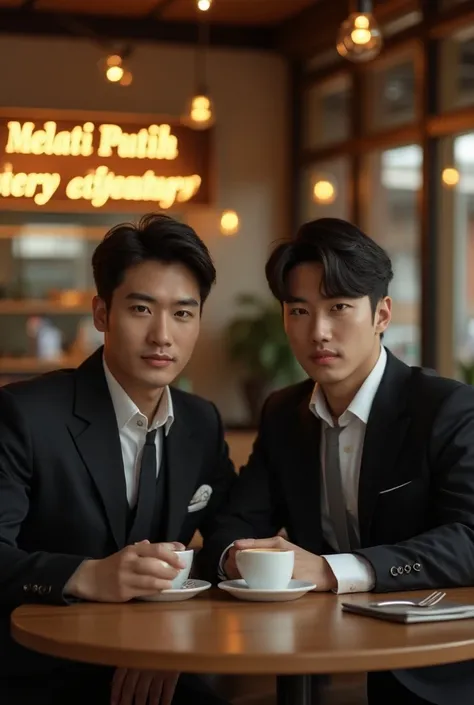 Photography profesional ada 2 laki laki  ganteng korea , sedang duduk dengan suguhan kopi hangat , di kafe yang design elegant dengan ada papan nama bertuliskan "MELATI PUTIH EDITING" . dengan sangat mewah. Ultrahd, realistis, harus detail , pandangan foku...