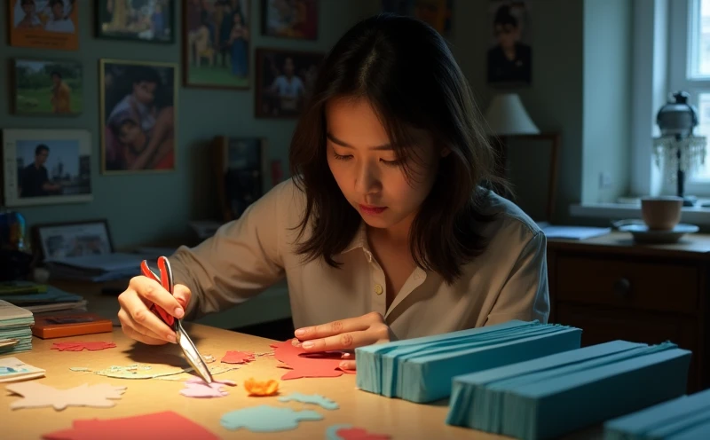 On her desk the night before the event 。Japanese woman cuts colored paper using scissors。Rectangular bundles of cut paper are lined up on the desk 。 Indian movie postcards and photos are displayed in the room。