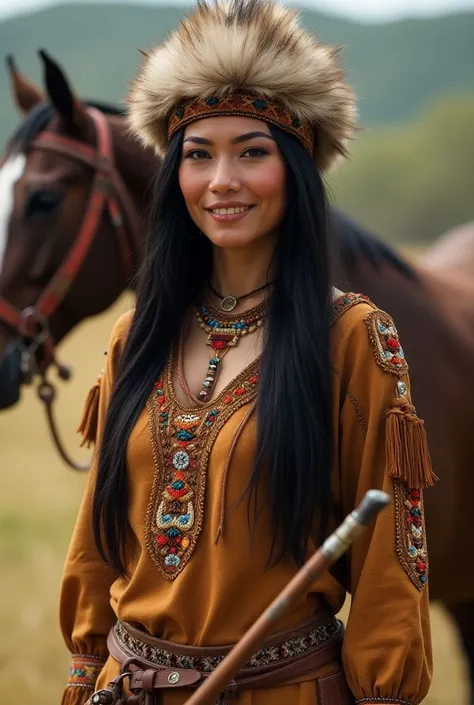 " Create Poto 100k ultra HD realistic and very real details a woman wearing traditional Native American tribal style clothing.  wearing a furry headdress with intricate bead embroidery .  Long haired, black woman holding a bow ,   The background was an out...