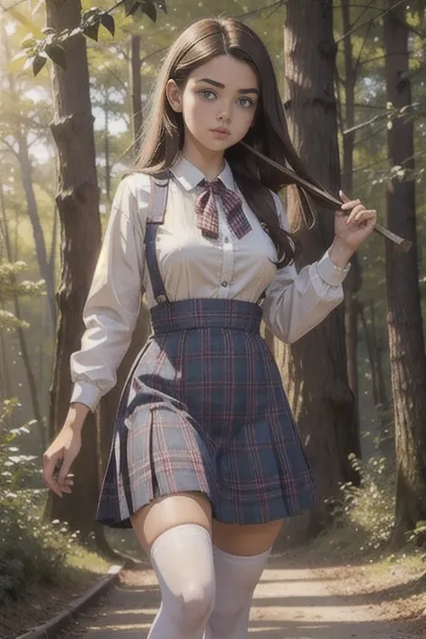    Cute young  beautiful sexy  curvy schoolgirl pioneer,  beautiful cute teen face , short plaid pleated  pinafore dress  ,  transparent white blouse , brunette long hair, beautiful eyes. stockings,  Sneakers, pioneer schoolgirl - standing in the wood ,   ...