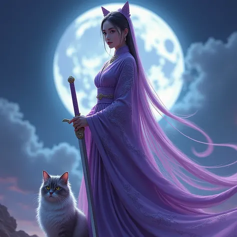 A beautiful Indonesian woman hijab she wears a purple color robe purple dragon motif, black pants, black shoes,  she is standing holding a sword next to there is a Persian cat wearing a crown , background there is a moon , high resolution, Super detailed, ...