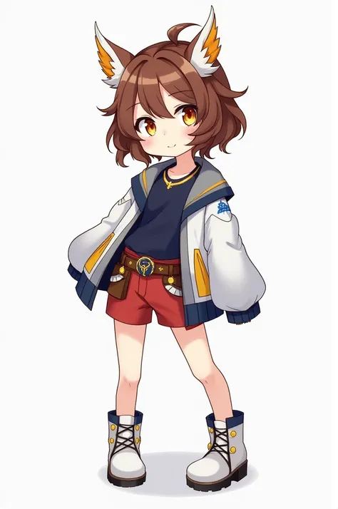 genshin impact style girl,  short wavy brown hair with white and orange tufts and braids,  amber eyes with orange and blue details ,  two-piece clothing a short black shirt with dark blue details ,  white college jacket with gray and yellow details , a bel...